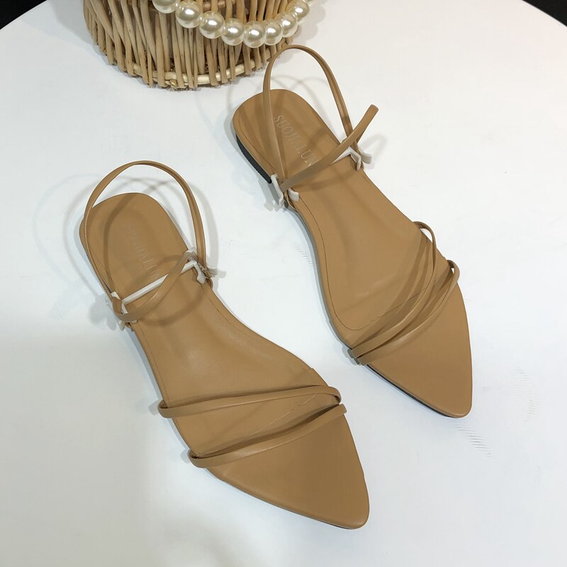 SUOJIALUN Fashion Narrow Band Women Sandals Flat Heel Back Strap Summer Gladiator Shoes Casual Pointed Toe Sandal Big Size 42