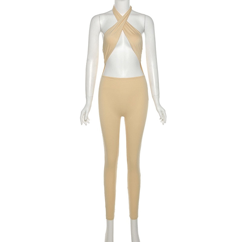 Simenual Criss Cross Halter Rompers Womens Jumpsuit Sportswear Cut Out Streetwear Bodycon Skinny Jumpsuits One Piece Summer 2021