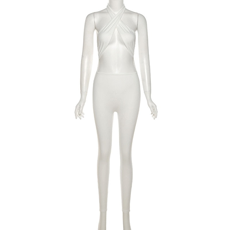 Simenual Criss Cross Halter Rompers Womens Jumpsuit Sportswear Cut Out Streetwear Bodycon Skinny Jumpsuits One Piece Summer 2021