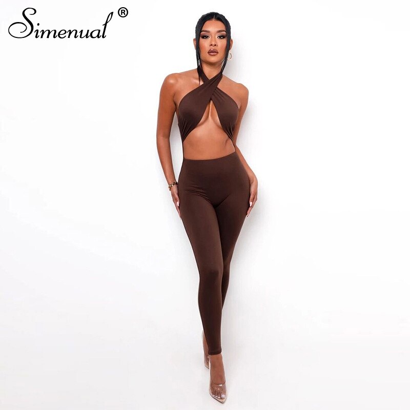 Simenual Criss Cross Halter Rompers Womens Jumpsuit Sportswear Cut Out Streetwear Bodycon Skinny Jumpsuits One Piece Summer 2021
