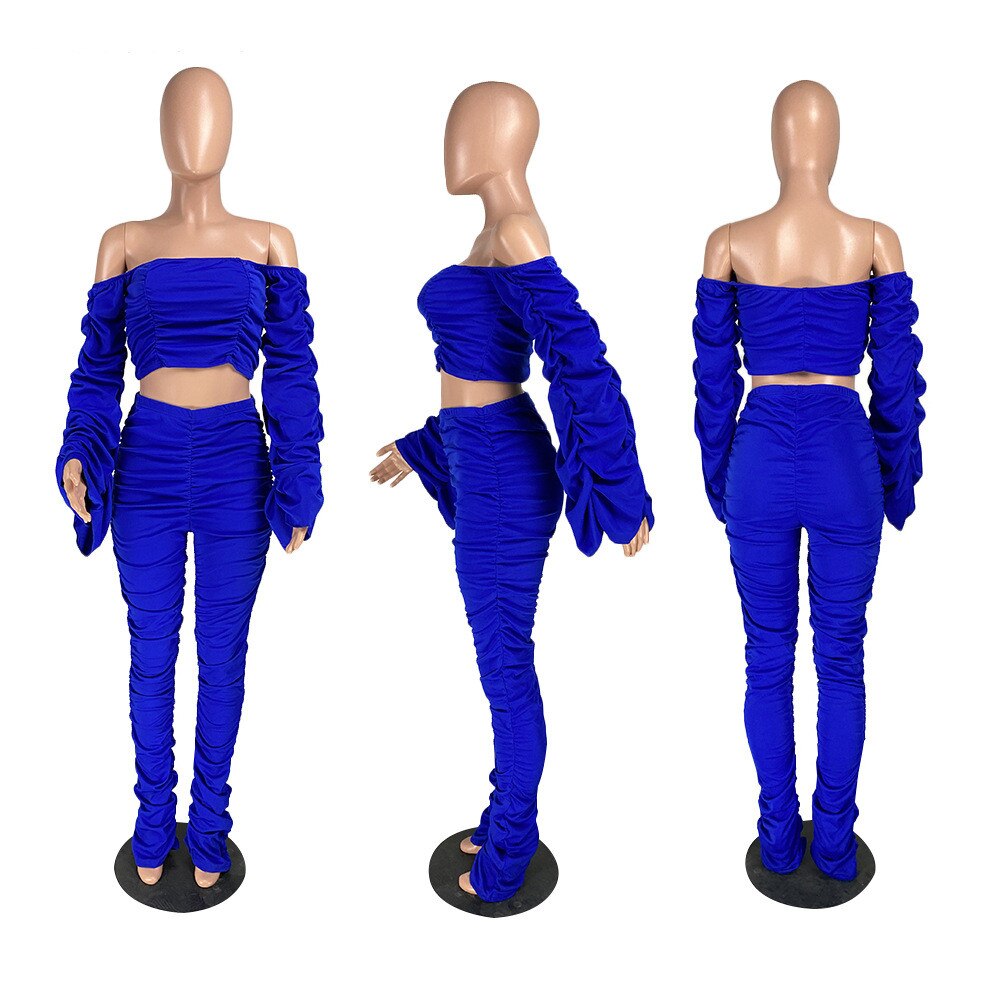 Sexy Two Piece Set Women Festival Clothing Ruched Flare Sleeve Crop Top and Stacked Pants Leggings Birthday Night Club Outfits