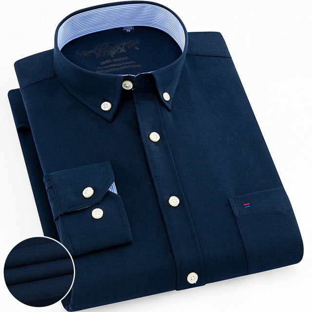 Men's Regular-Fit Long-Sleeve Sturdy Knit Oxford Shirt Plaid Striped Embroidered Pocket Button-down Casual Versatile Shirts