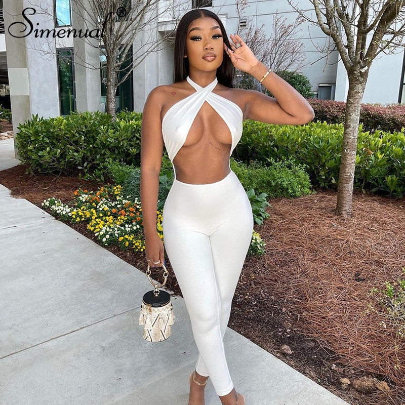 Simenual Criss Cross Halter Rompers Womens Jumpsuit Sportswear Cut Out Streetwear Bodycon Skinny Jumpsuits One Piece Summer 2021