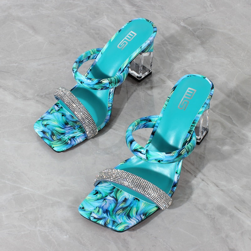 Fashion Sandals Women 2022 Summer New Comfortable Latex Tape Hollow High-heel Sandals Crystal Thick Heels Party Slippers 8.5CM