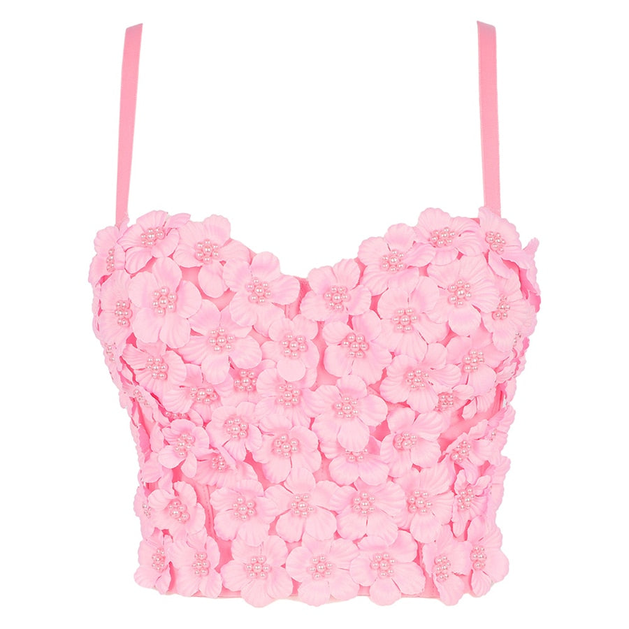Flower Pearl Female Crop Top With Built In Bra Women Harajuku Backless Solid Party Club  Push Up Bralette Clothing