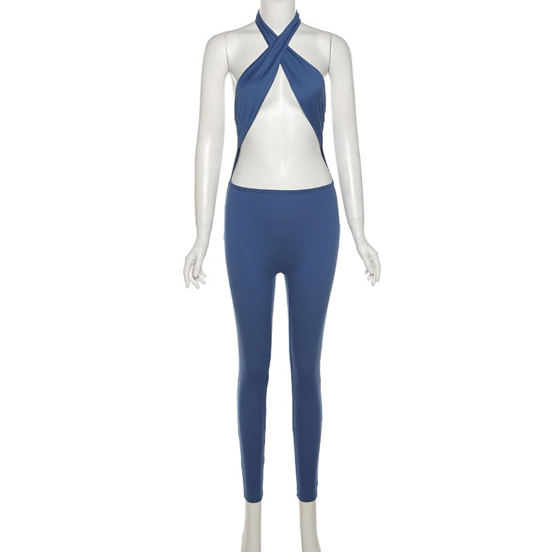 Simenual Criss Cross Halter Rompers Womens Jumpsuit Sportswear Cut Out Streetwear Bodycon Skinny Jumpsuits One Piece Summer 2021