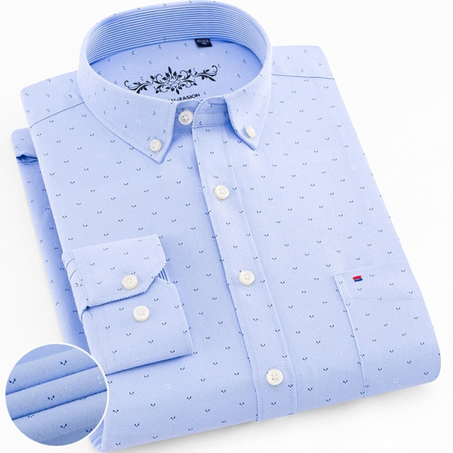 Men's Regular-Fit Long-Sleeve Sturdy Knit Oxford Shirt Plaid Striped Embroidered Pocket Button-down Casual Versatile Shirts