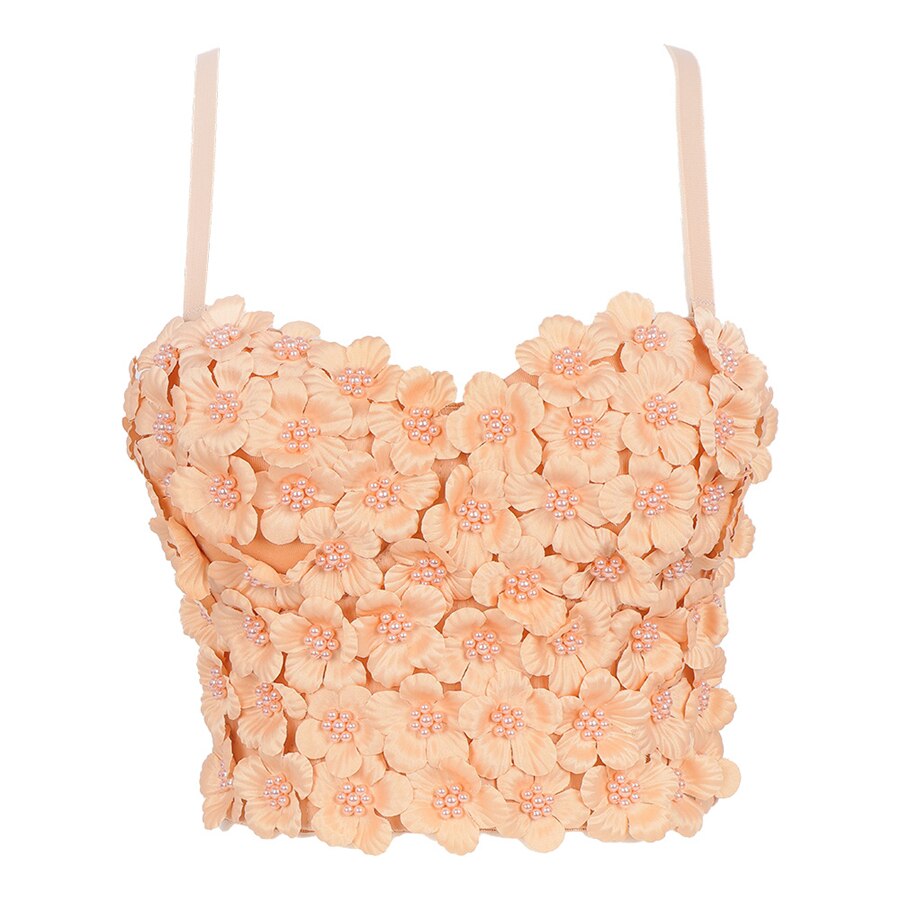 Flower Pearl Female Crop Top With Built In Bra Women Harajuku Backless Solid Party Club  Push Up Bralette Clothing