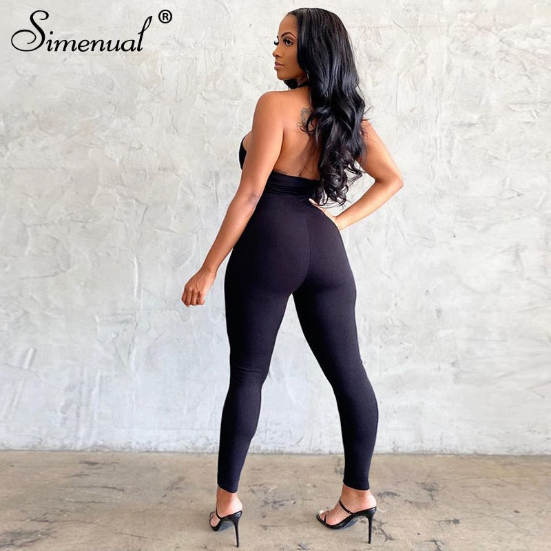 Simenual Criss Cross Halter Rompers Womens Jumpsuit Sportswear Cut Out Streetwear Bodycon Skinny Jumpsuits One Piece Summer 2021
