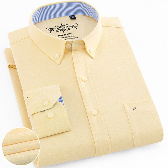 Men's Regular-Fit Long-Sleeve Sturdy Knit Oxford Shirt Plaid Striped Embroidered Pocket Button-down Casual Versatile Shirts