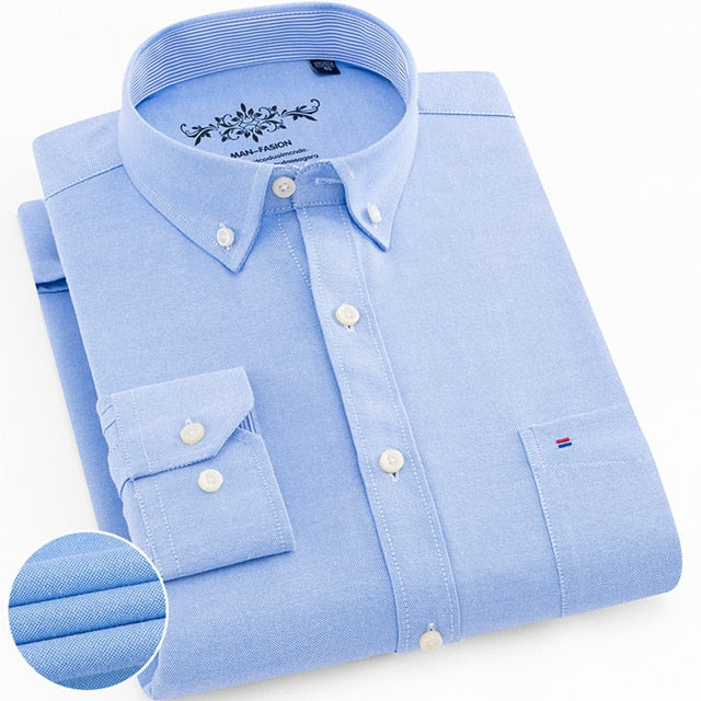 Men's Regular-Fit Long-Sleeve Sturdy Knit Oxford Shirt Plaid Striped Embroidered Pocket Button-down Casual Versatile Shirts