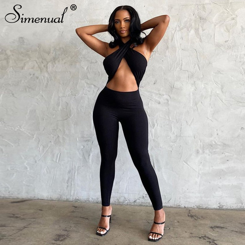 Simenual Criss Cross Halter Rompers Womens Jumpsuit Sportswear Cut Out Streetwear Bodycon Skinny Jumpsuits One Piece Summer 2021