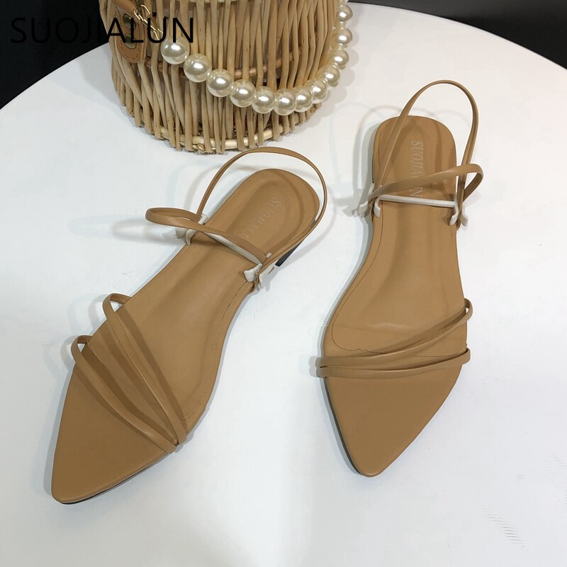 SUOJIALUN Fashion Narrow Band Women Sandals Flat Heel Back Strap Summer Gladiator Shoes Casual Pointed Toe Sandal Big Size 42