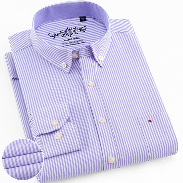 Men's Regular-Fit Long-Sleeve Sturdy Knit Oxford Shirt Plaid Striped Embroidered Pocket Button-down Casual Versatile Shirts
