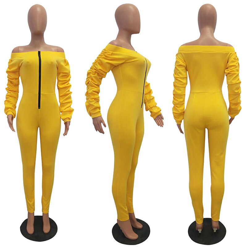 YJSFG HOUSE Women Casual Jumpsuit Zipper Front Slash Neck Off Shoulder Long Puff sleeve Rompers Yellow Overalls Female Jumpsuits
