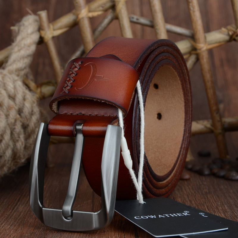 COWATHER Vintage style pin buckle cow genuine leather belts for men 130cm high quality mens belt cinturones hombre free shipping