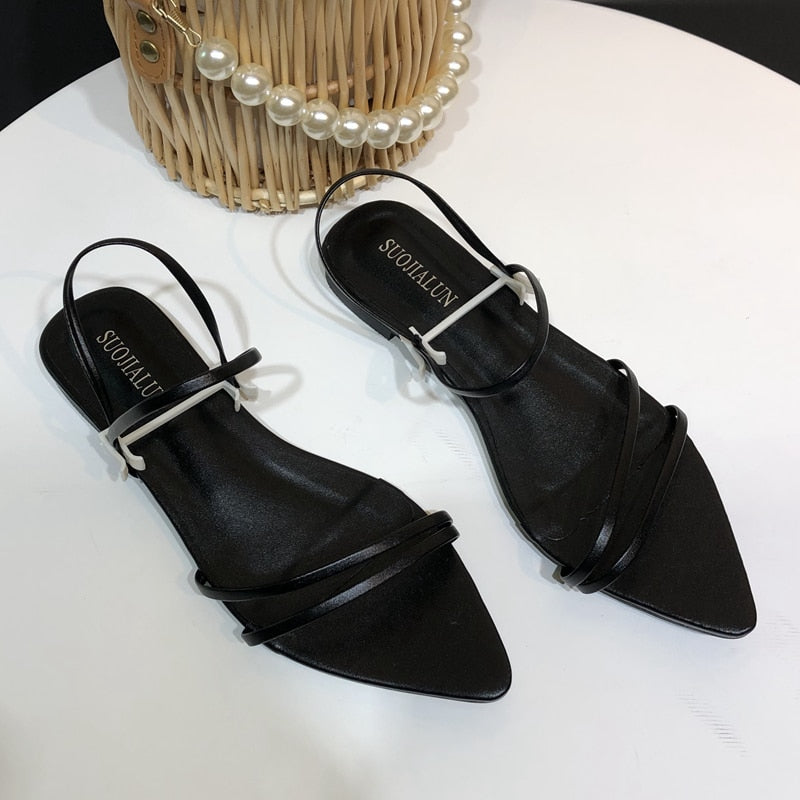 SUOJIALUN Fashion Narrow Band Women Sandals Flat Heel Back Strap Summer Gladiator Shoes Casual Pointed Toe Sandal Big Size 42