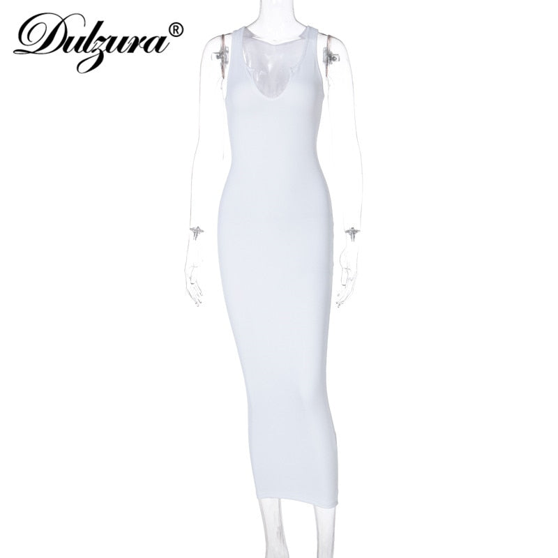 Dulzura Ribbed Knitted Stripe Women Pure Sleeveless Midi Dress V Neck Bodycon Sexy Streetwear Party Club Elegant 2021 Summer