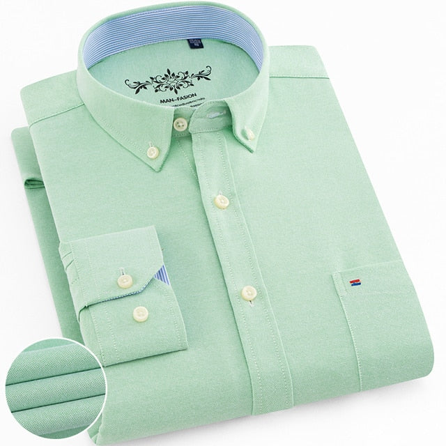 Men's Regular-Fit Long-Sleeve Sturdy Knit Oxford Shirt Plaid Striped Embroidered Pocket Button-down Casual Versatile Shirts