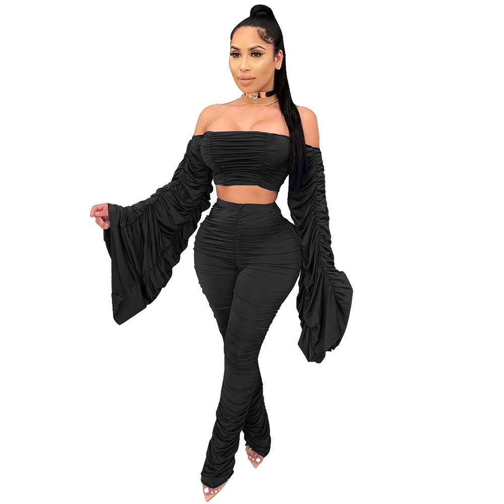 Sexy Two Piece Set Women Festival Clothing Ruched Flare Sleeve Crop Top and Stacked Pants Leggings Birthday Night Club Outfits