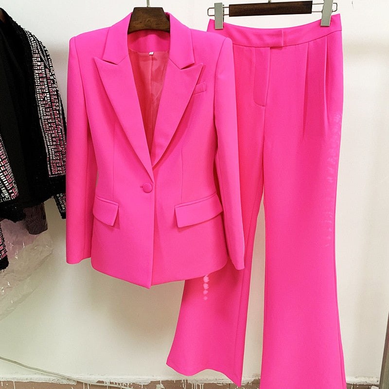 Blazer Pantsuits Two Piece Set Office Ladies Women Yellow Purple Business Single Buttons Flared Pants Blazer + Pants Formal Suit