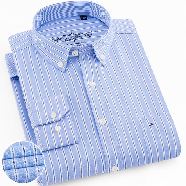 Men's Regular-Fit Long-Sleeve Sturdy Knit Oxford Shirt Plaid Striped Embroidered Pocket Button-down Casual Versatile Shirts