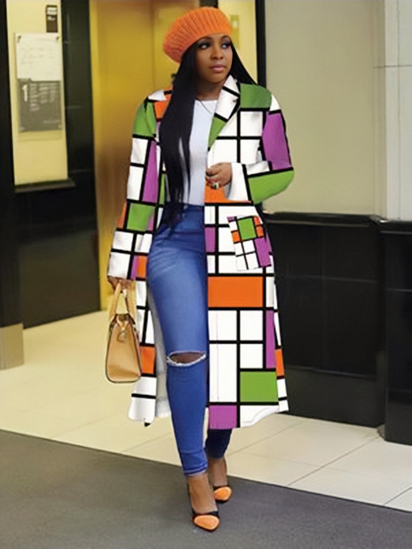 Colored Print Block Coat