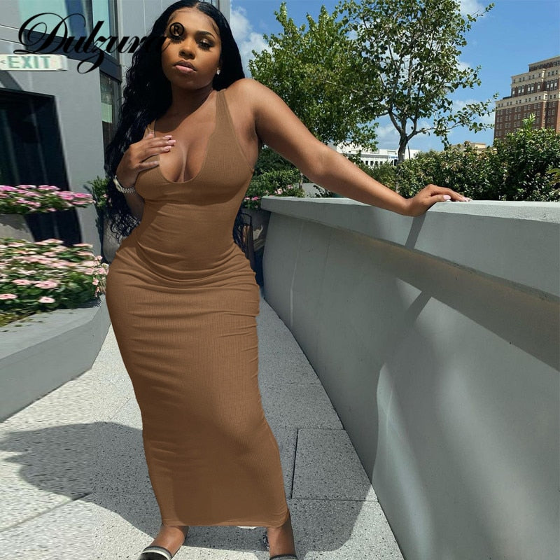 Dulzura Ribbed Knitted Stripe Women Pure Sleeveless Midi Dress V Neck Bodycon Sexy Streetwear Party Club Elegant 2021 Summer