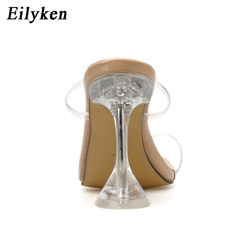 Eilyken Plus size 35-42 PVC Transparent Band Square Open toe Slippers New Clear Crystal Glass Heel Slides shoes Size 35-42