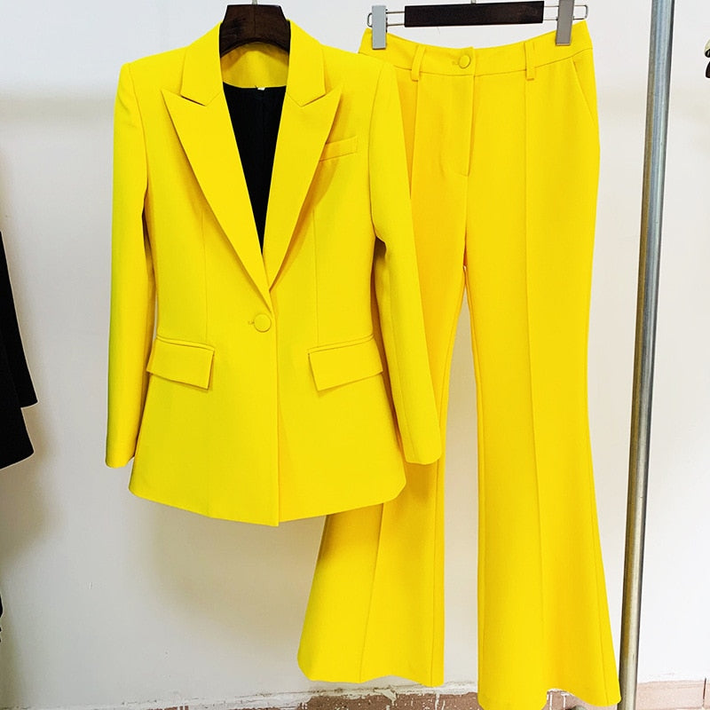 Blazer Pantsuits Two Piece Set Office Ladies Women Yellow Purple Business Single Buttons Flared Pants Blazer + Pants Formal Suit