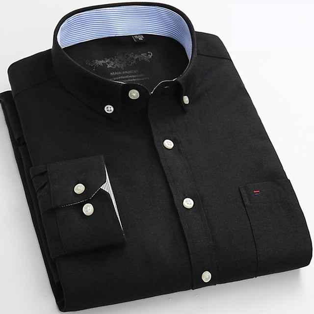 Men's Regular-Fit Long-Sleeve Sturdy Knit Oxford Shirt Plaid Striped Embroidered Pocket Button-down Casual Versatile Shirts