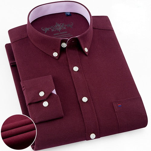 Men's Regular-Fit Long-Sleeve Sturdy Knit Oxford Shirt Plaid Striped Embroidered Pocket Button-down Casual Versatile Shirts