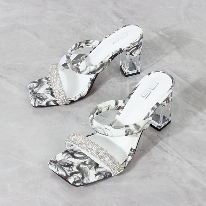 Fashion Sandals Women 2022 Summer New Comfortable Latex Tape Hollow High-heel Sandals Crystal Thick Heels Party Slippers 8.5CM