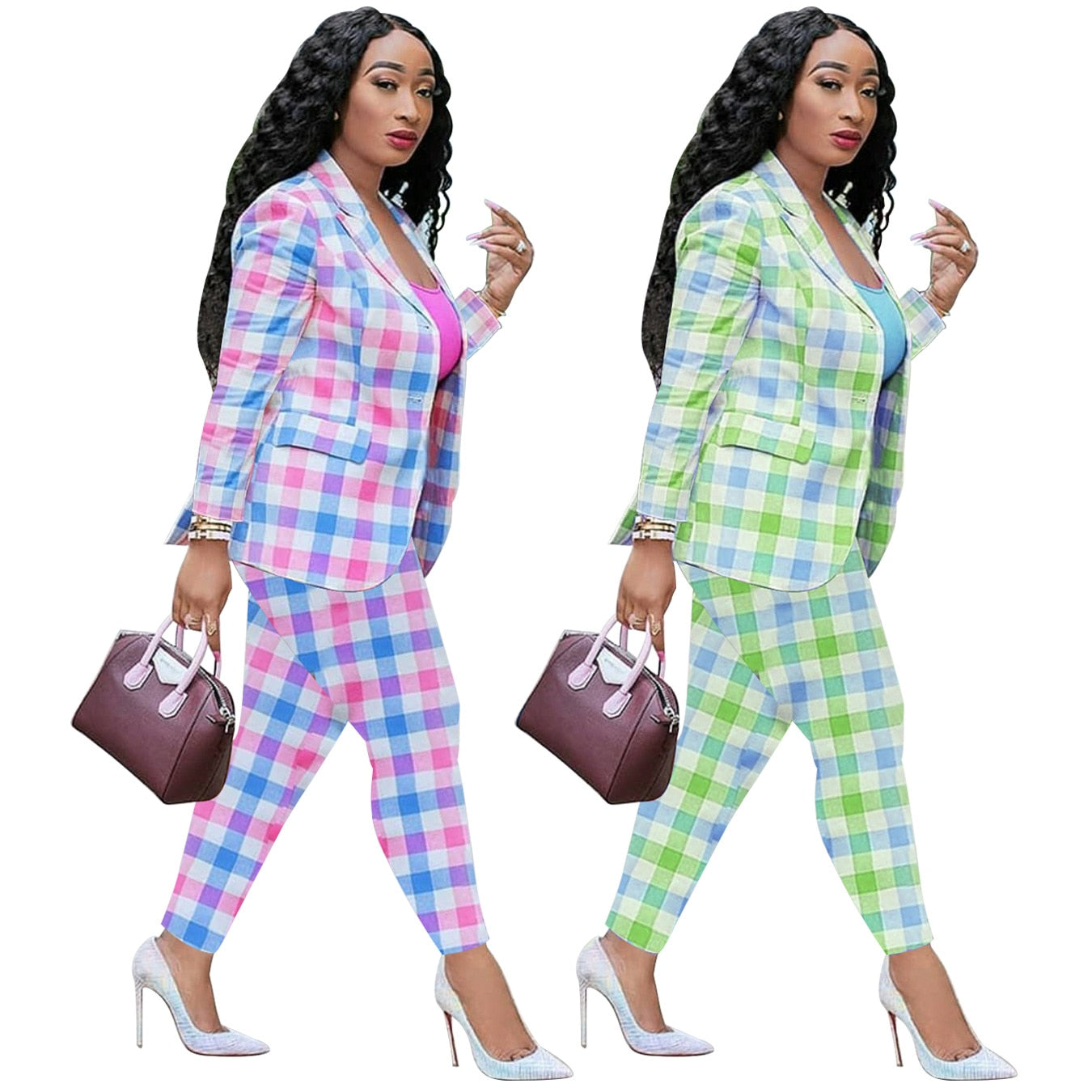 Office Lady Suit Women Autumn New Plaid Print Elegant Business Uniform Sets Notched Neck Blazer And Straight Pants 2 Piece Suits