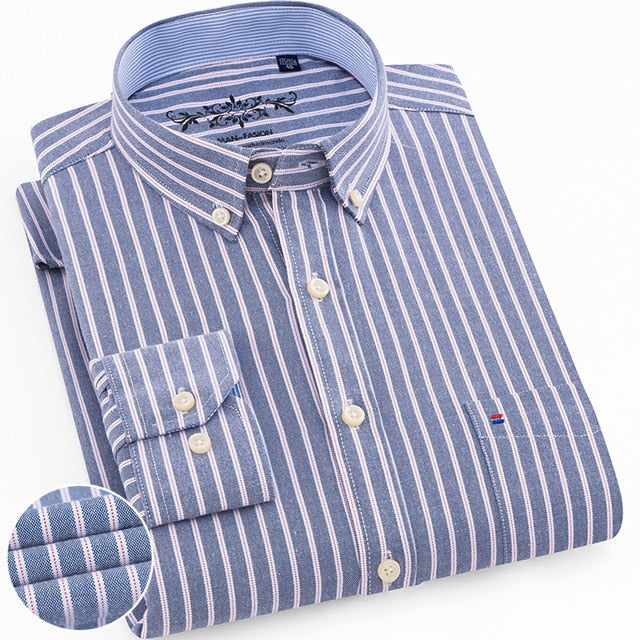 Men's Regular-Fit Long-Sleeve Sturdy Knit Oxford Shirt Plaid Striped Embroidered Pocket Button-down Casual Versatile Shirts
