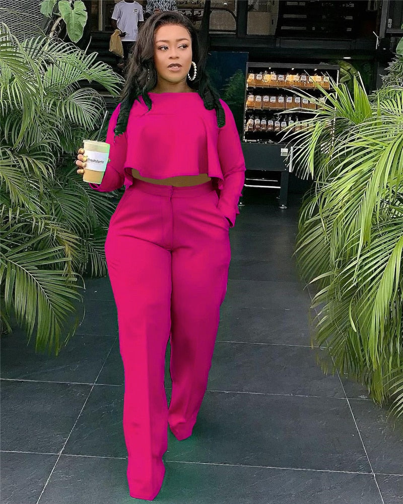 Elegant Work Wear Two Piece Set Fall Clothes for Women Ruffles Crop Top and Wide Leg Pants Suits Matching Sets Sexy Club Outfits