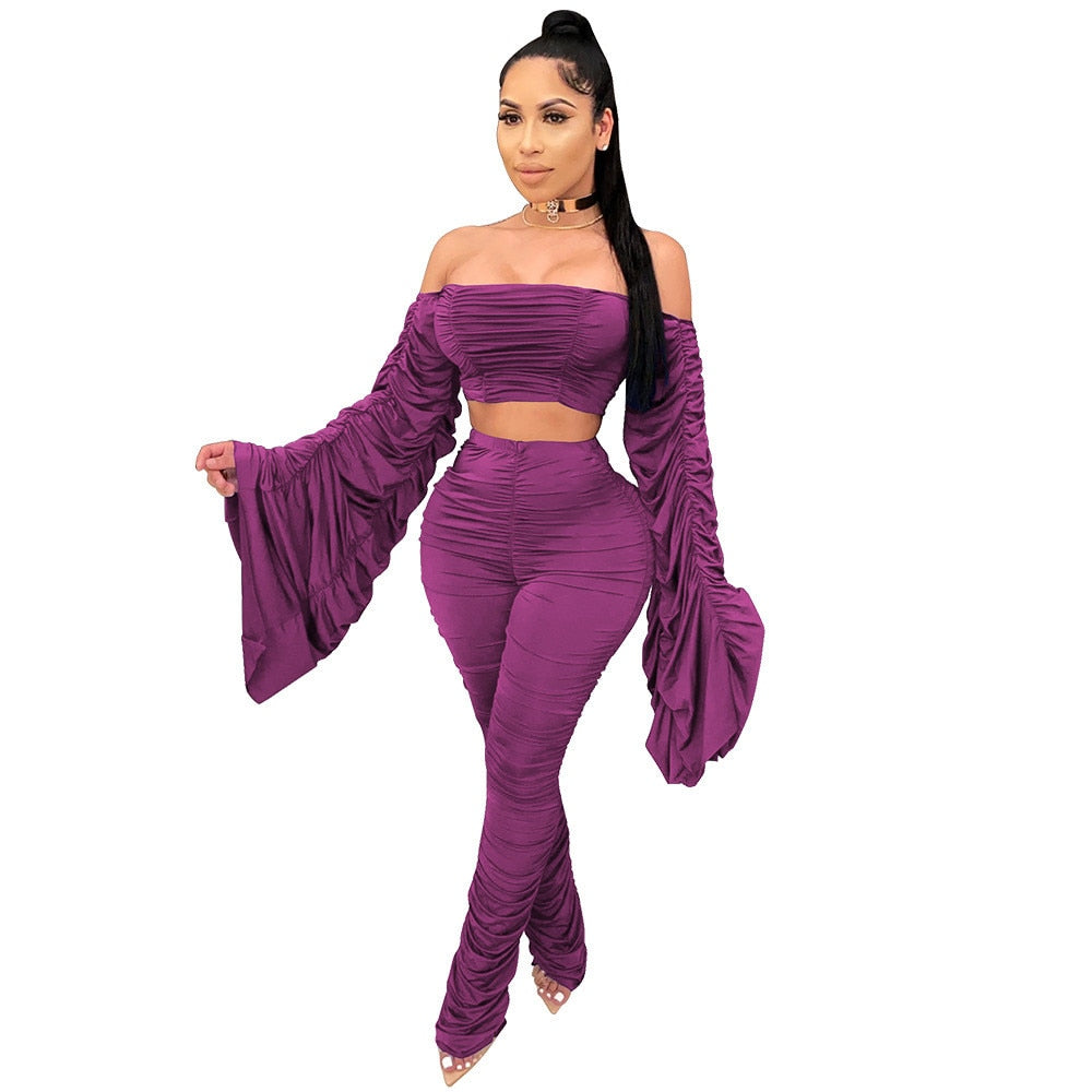 Sexy Two Piece Set Women Festival Clothing Ruched Flare Sleeve Crop Top and Stacked Pants Leggings Birthday Night Club Outfits