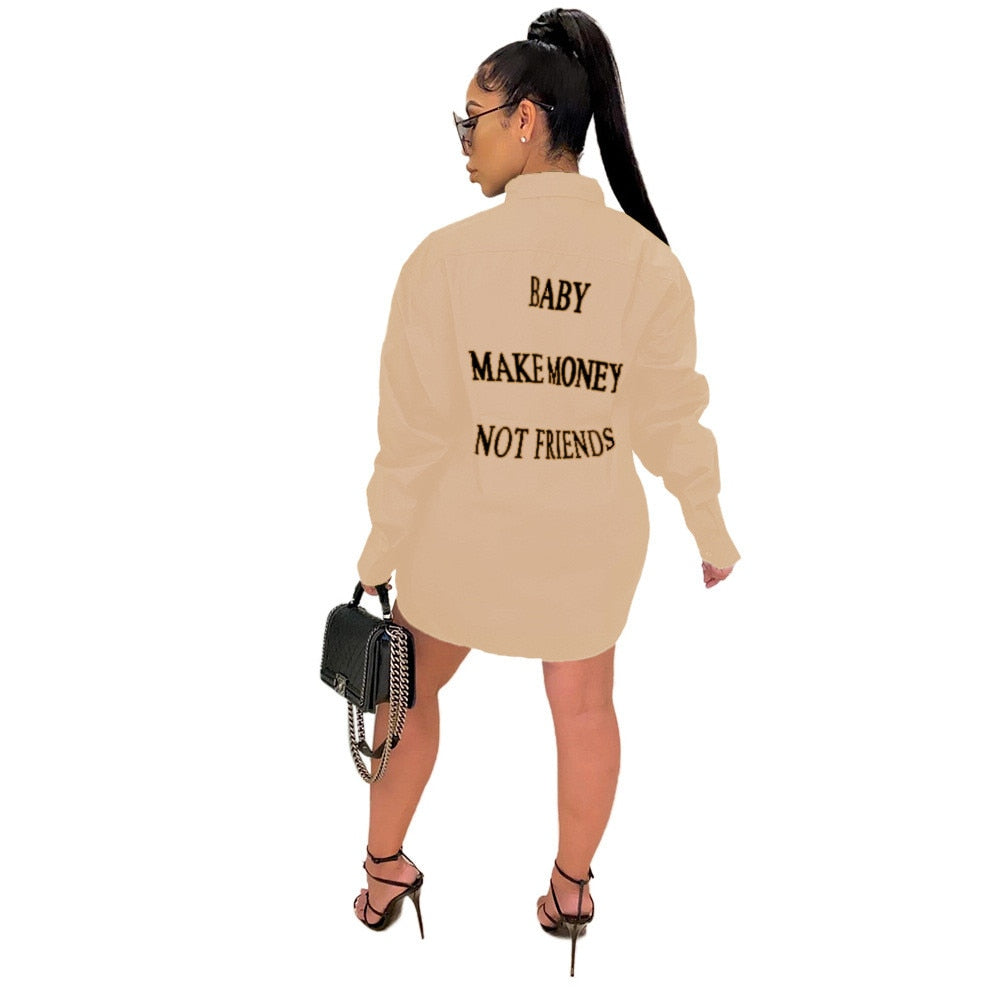 Letter Print Turn-Down Collar Button Shirt Dress Women Fall Clothes Long Sleeve Mini Dress Ladies Party Club Casual Autumn Dress