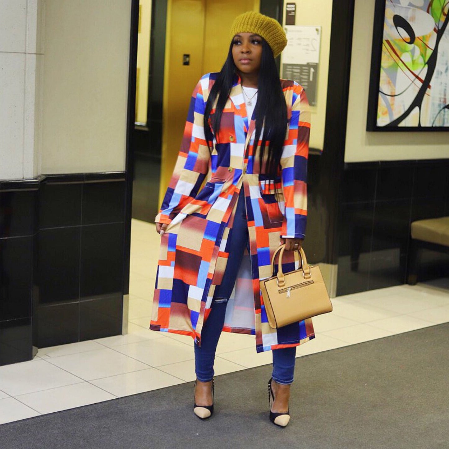 Colored Print Block Coat