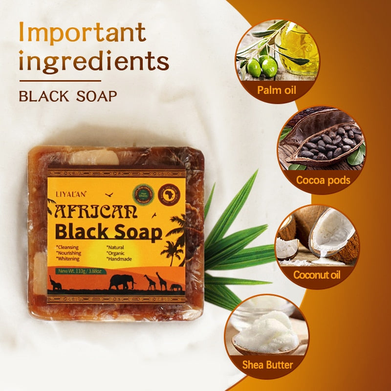 African Black Soap Handmade Organic Shea Butter Anti Rebelles Face Treatment Acne Moisturizing SkinCare Beauty Body Bath 110g