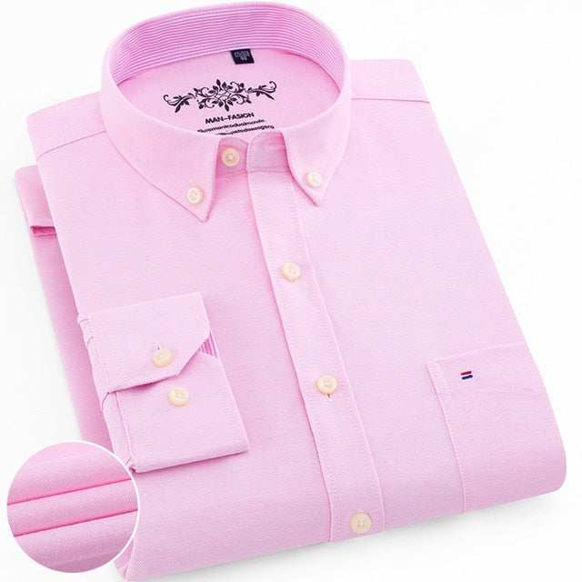 Men's Regular-Fit Long-Sleeve Sturdy Knit Oxford Shirt Plaid Striped Embroidered Pocket Button-down Casual Versatile Shirts