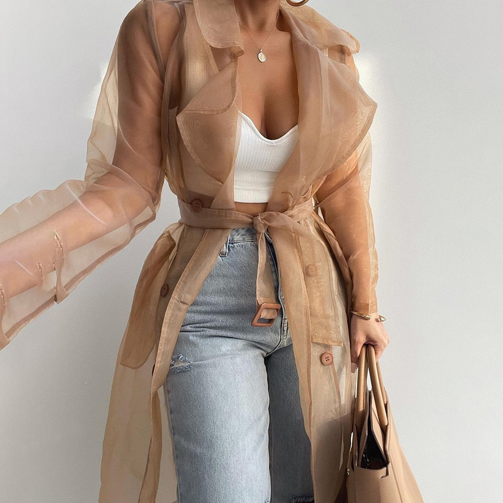 Solid Sheer Mesh Long Sleeve Buttoned Coat With Belt