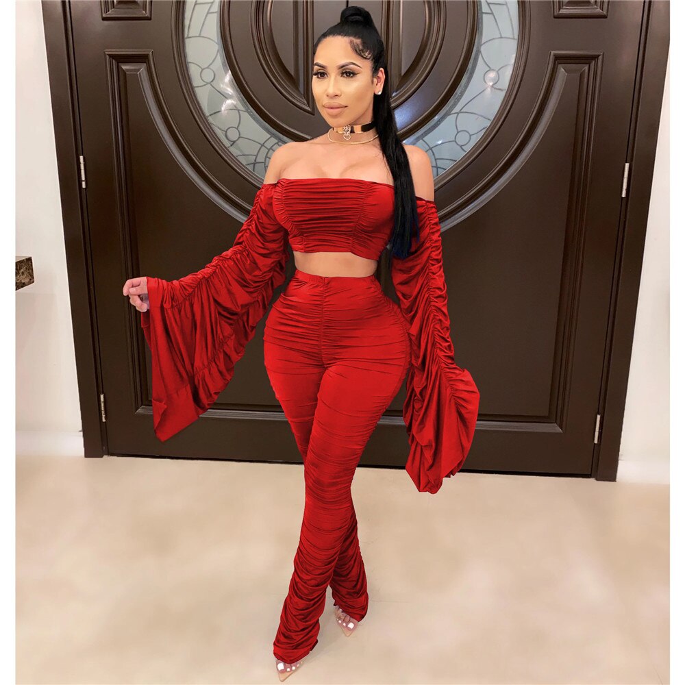 Sexy Two Piece Set Women Festival Clothing Ruched Flare Sleeve Crop Top and Stacked Pants Leggings Birthday Night Club Outfits