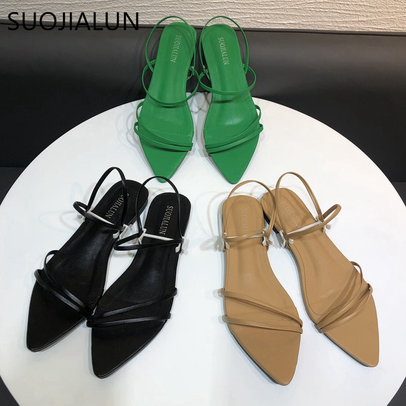 SUOJIALUN Fashion Narrow Band Women Sandals Flat Heel Back Strap Summer Gladiator Shoes Casual Pointed Toe Sandal Big Size 42