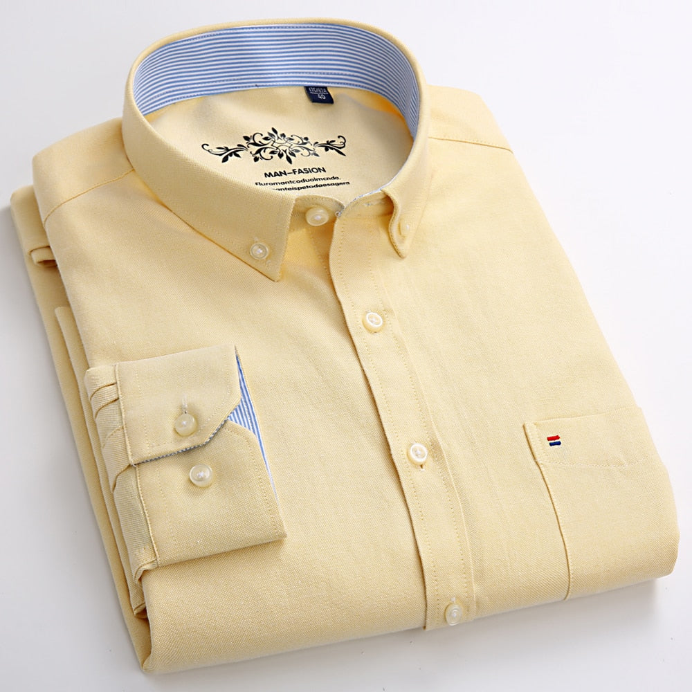 Men's Regular-Fit Long-Sleeve Sturdy Knit Oxford Shirt Plaid Striped Embroidered Pocket Button-down Casual Versatile Shirts