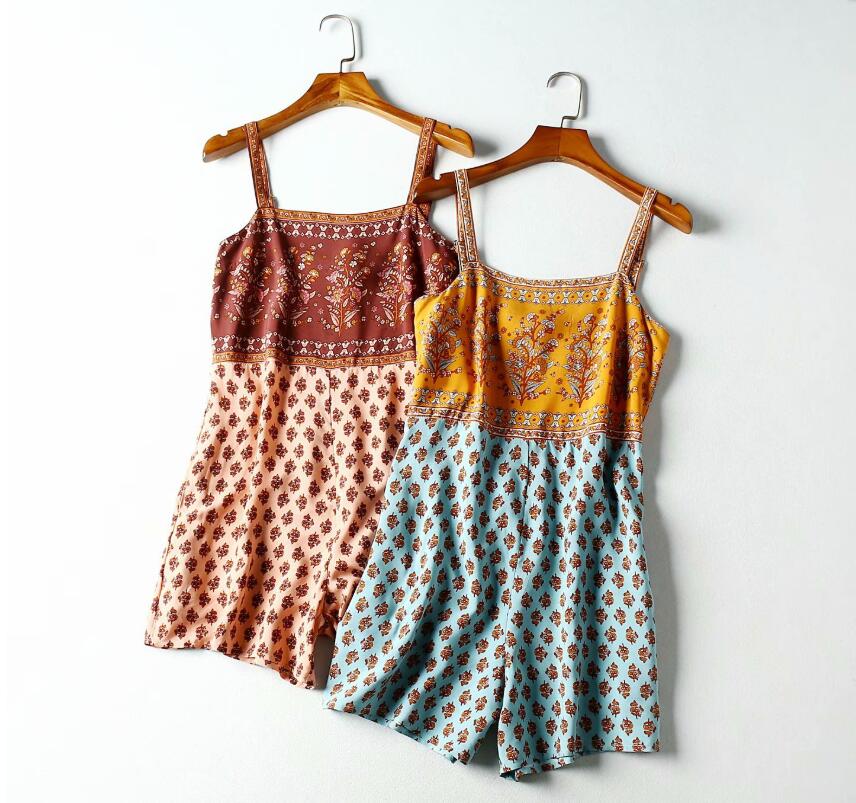 Summer Square Collar Paisley Floral print Bodysuits BOHO Women Back Elastic Short Pants Jumpsuit Spaghetti Strap Romper Overalls