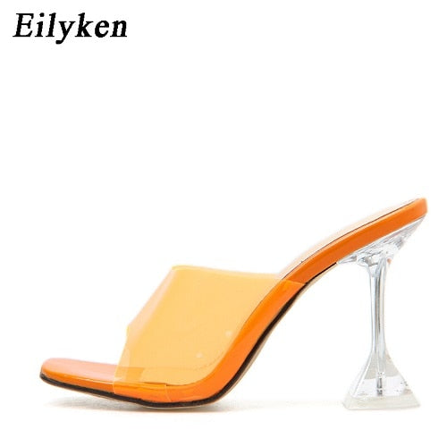 Eilyken Plus size 35-42 PVC Transparent Band Square Open toe Slippers New Clear Crystal Glass Heel Slides shoes Size 35-42