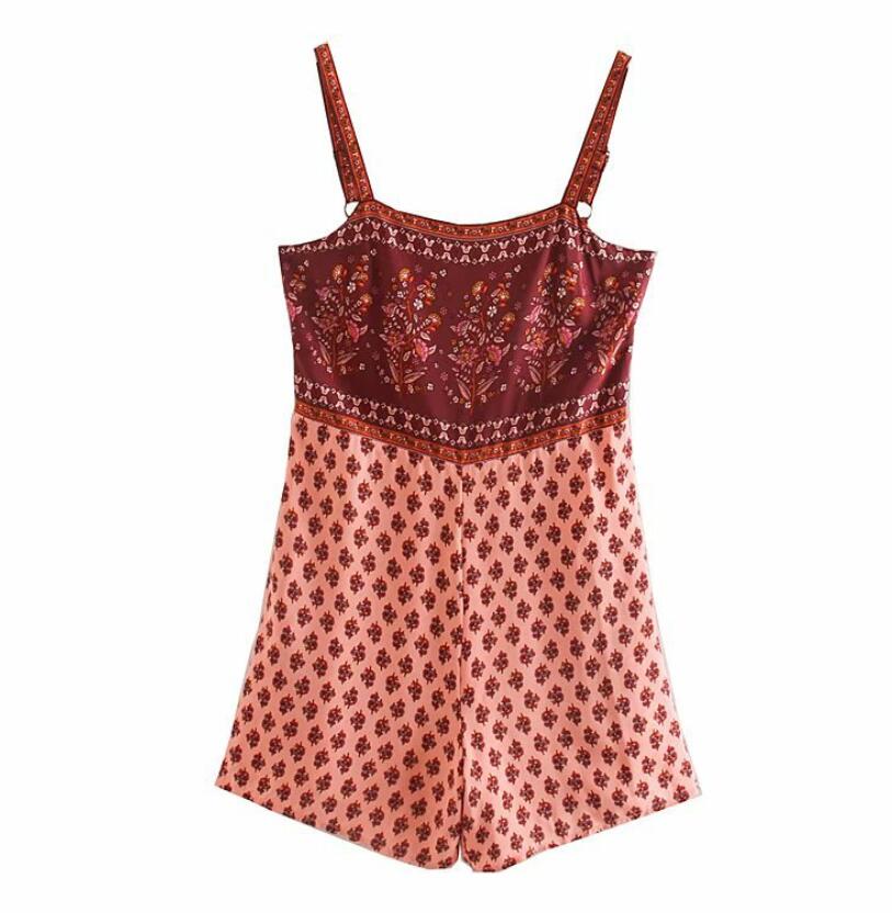 Summer Square Collar Paisley Floral print Bodysuits BOHO Women Back Elastic Short Pants Jumpsuit Spaghetti Strap Romper Overalls