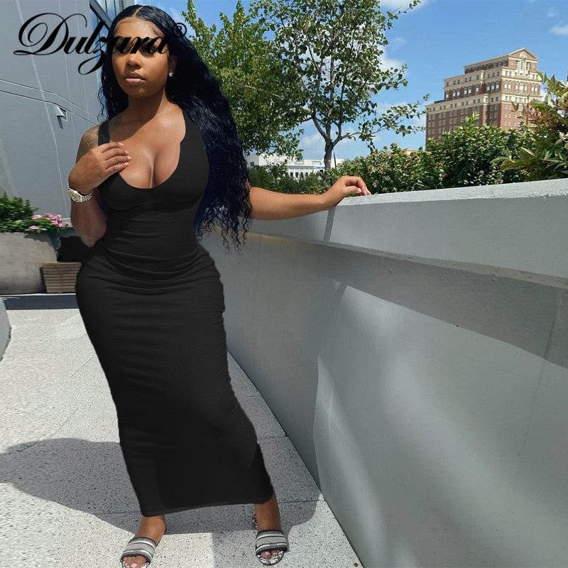 Dulzura Ribbed Knitted Stripe Women Pure Sleeveless Midi Dress V Neck Bodycon Sexy Streetwear Party Club Elegant 2021 Summer