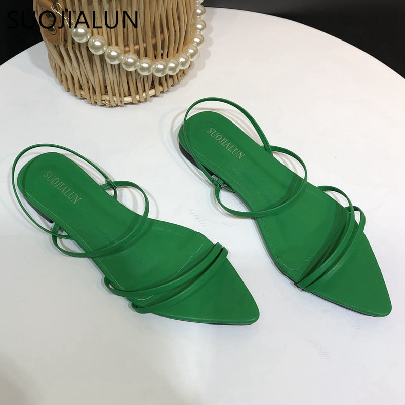 SUOJIALUN Fashion Narrow Band Women Sandals Flat Heel Back Strap Summer Gladiator Shoes Casual Pointed Toe Sandal Big Size 42